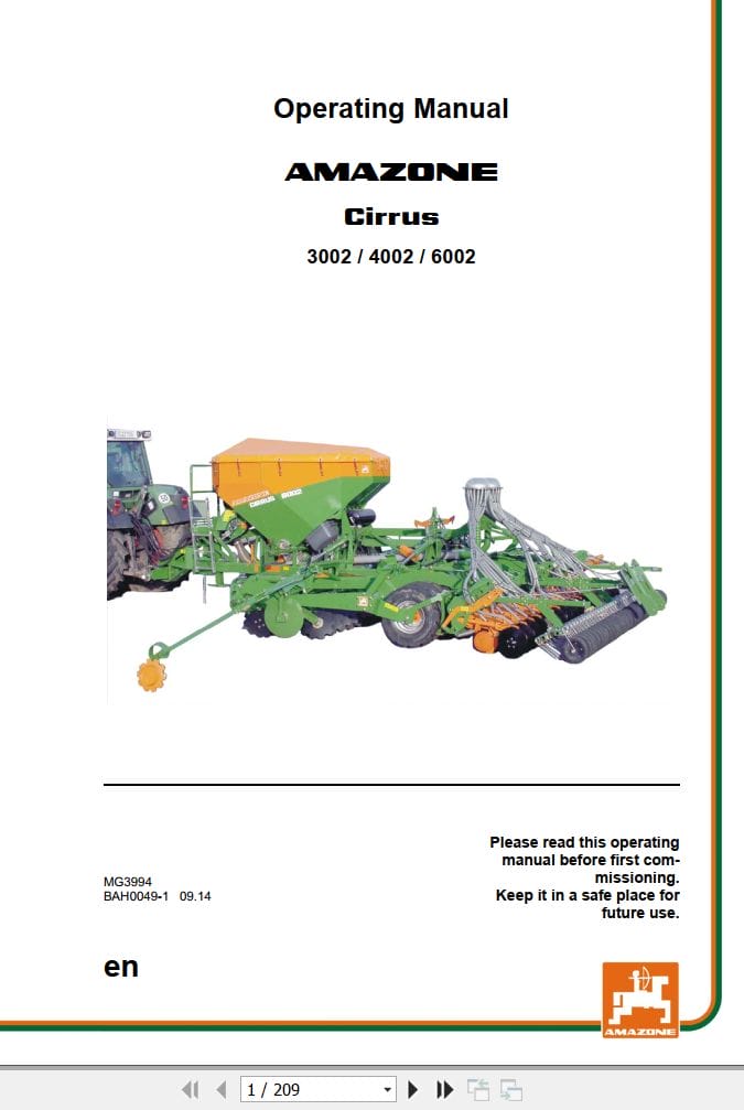 Amazone Seed Drill Cirrus 3002 4002 6002 Operating Manual MG3994 (1)