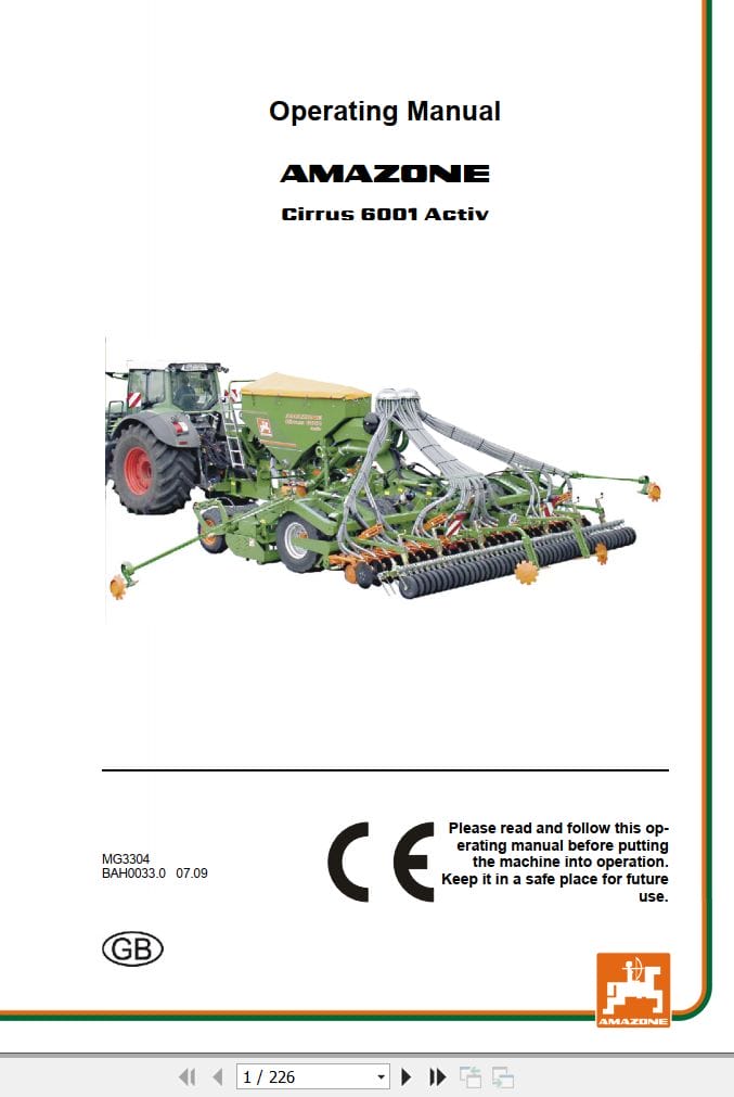 Amazone Seed Drill Cirrus 6001 Activ Operating Manual And Diagram MG3304 (1)