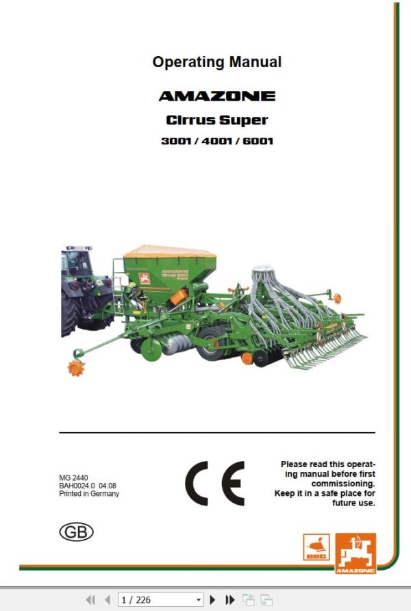 Amazone Seed Drill Cirrus Super 3001 4001 6001 Operating Manual And Diagram Mg2440 (1)