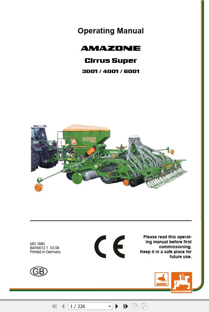 Amazone Seed Drill Cirrus Super 3001 4001 6001 Operating Manual MG1880 (1)