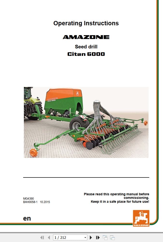 Amazone Seed Drill Citan 6000 Operating Manual MG4390 (1)