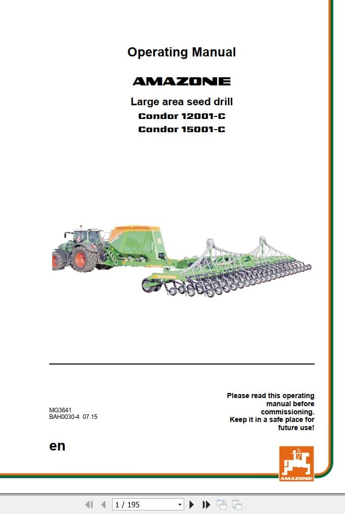 Amazone Seed Drill Condor 12001 C 15001 C Operating Manual MG3641 (1)