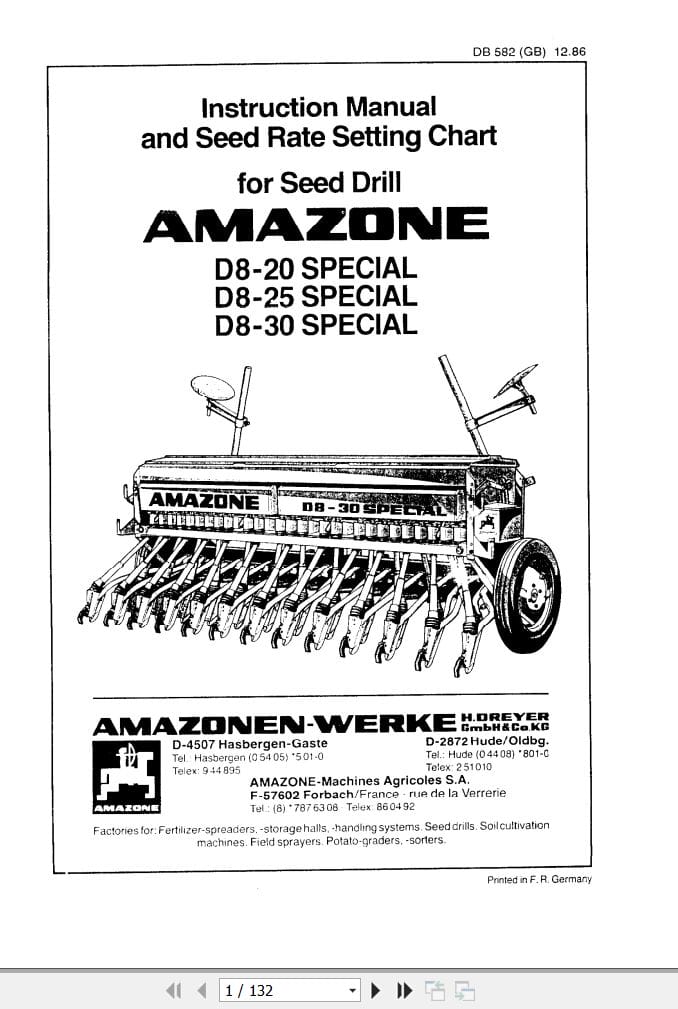 Amazone Seed Drill D8 20 DB 25 D8 30 Special Operating Manual DB582 (1)