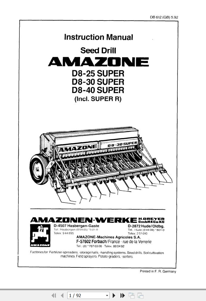 Amazone Seed Drill D8 25 D8 30 D8 40 Super Operating Manual DB612 (1)