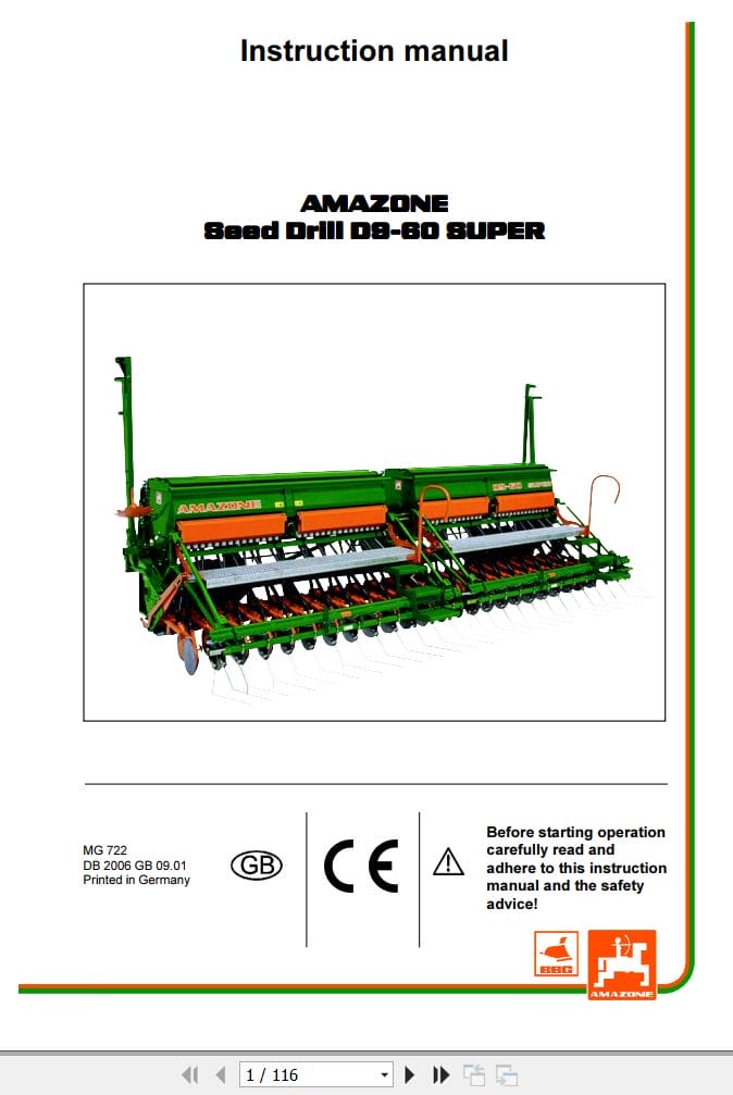 Amazone Seed Drill D9 60 Super Operating Manual MG722 (1)