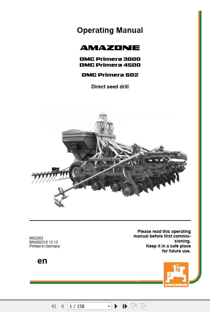 Amazone Seed Drill DMC Primera 3000 4500 602 Operating Manual MG2303 (1)