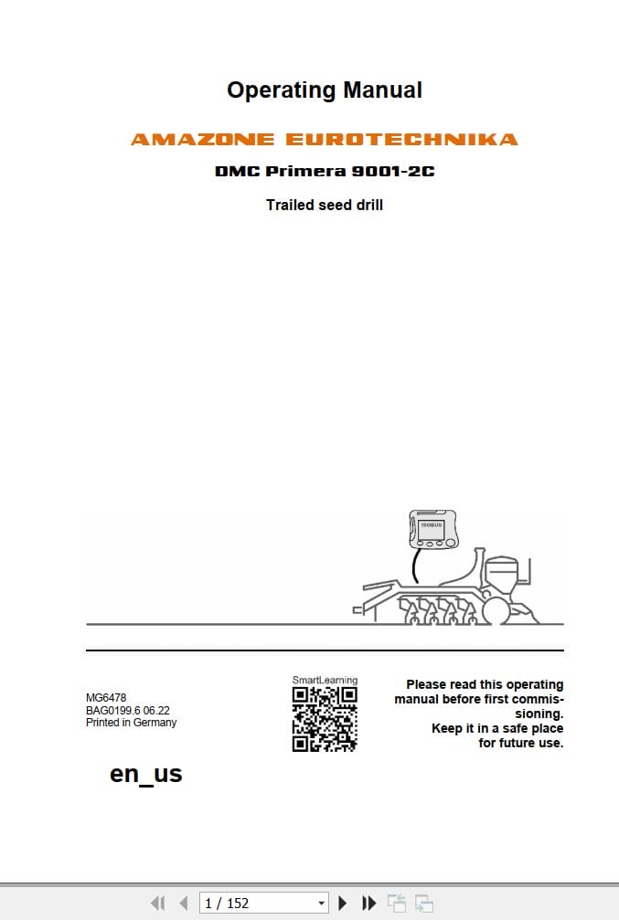 Amazone Seed Drill DMC Primera 9001 2C Operating Manual MG6478 (1)
