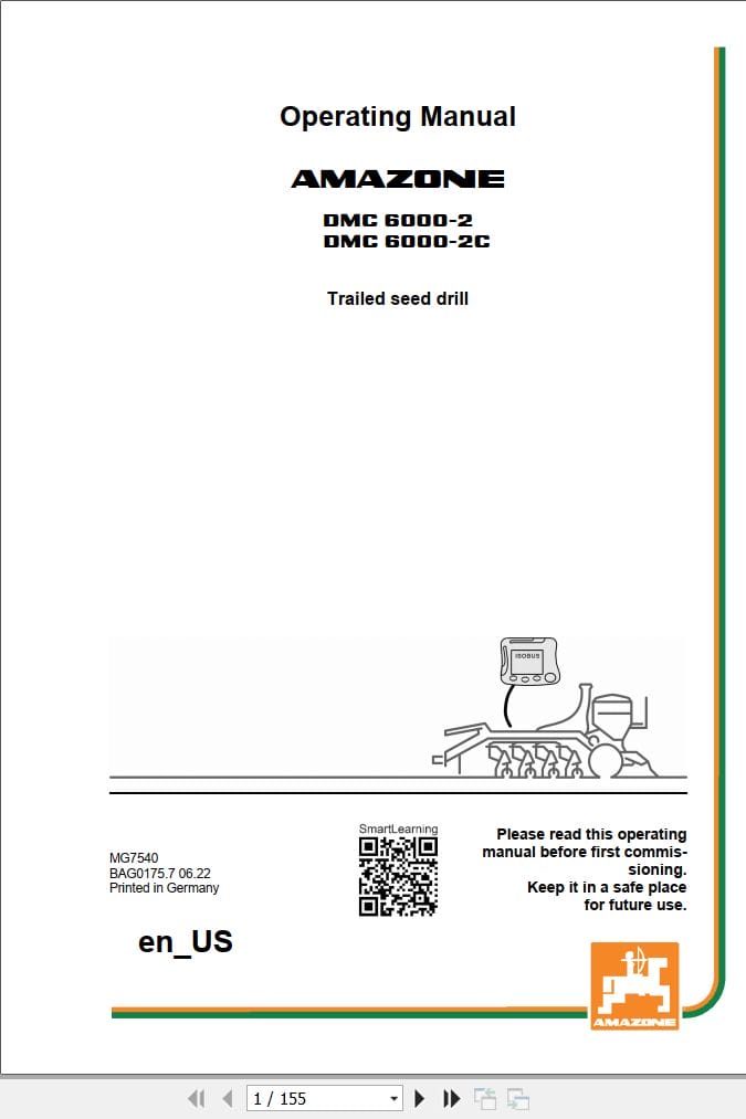 Amazone Seed Drill DMC6000 2 DMC6000 2C Operating Manual MG7540 (1)