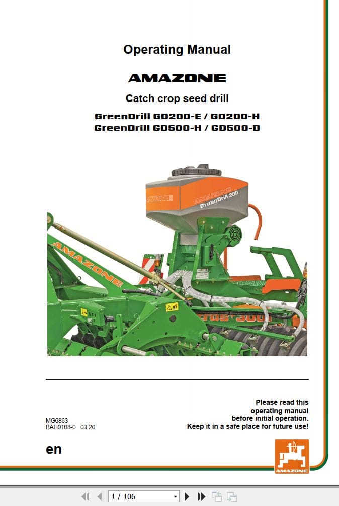 Amazone Seed Drill GD200 E GD200 H GD500 H GD500 D Operating Manual MG6863 (1)