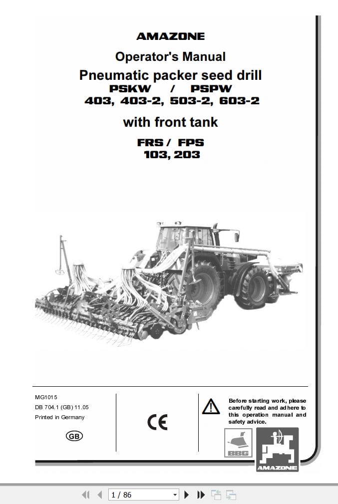 Amazone Seed Drill PSKW403 PSKW403 2 PSKW503 2 PSKW603 2 Operating Manual MG1015 (1)