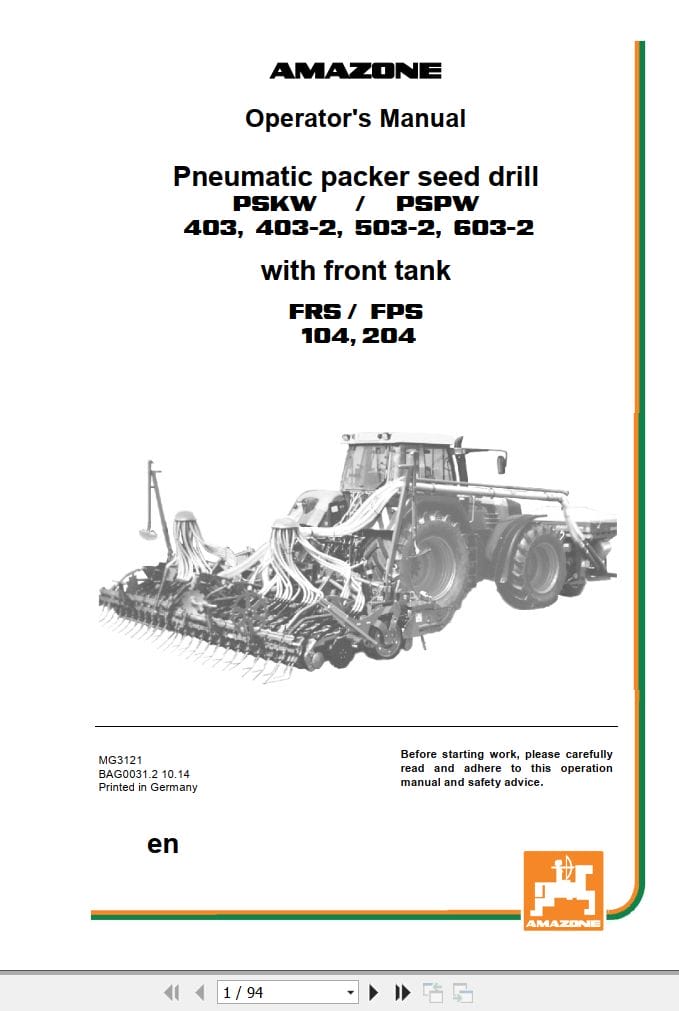 Amazone Seed Drill PSPW403 PSPW403 2 PSPW503 2 PSPW603 2 Operating Manual MG3121 (1)