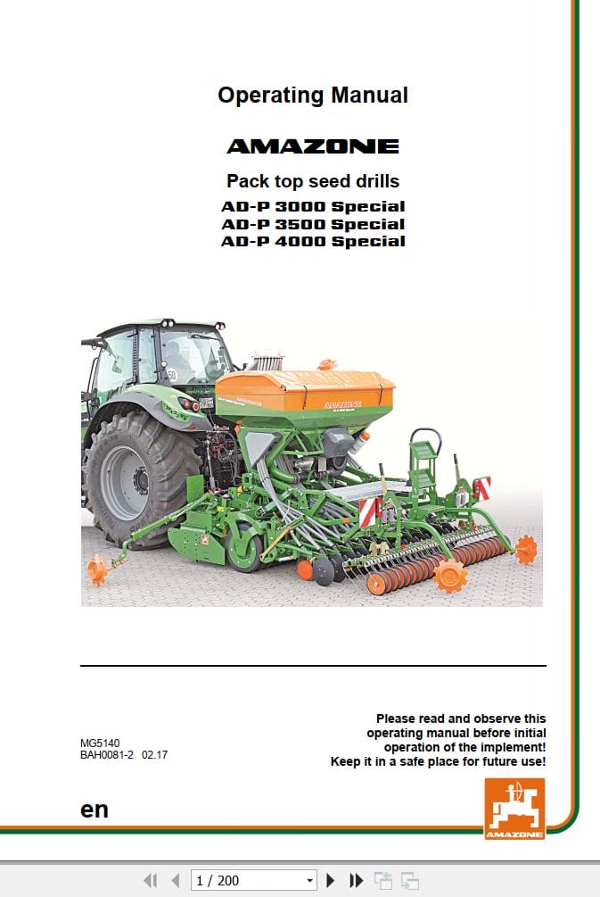 Amazone Seed Drills AD P 3000 AD P3500 AD P4000 Special Operating Manual MG5140 (1)