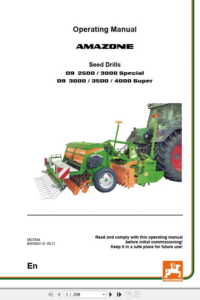Amazone Seed Drills D9 2500 3000 3500 4000 Operating Manual MG7644 (1)