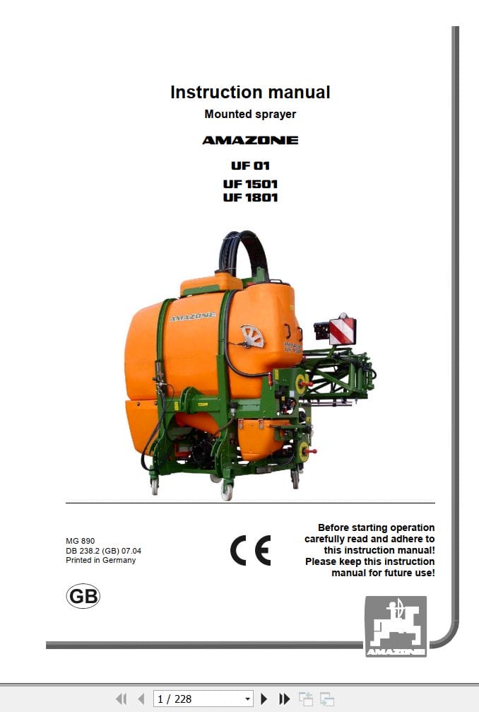 Amazone Sprayer UF01 UF1501 UF1801 Operating Manual MG890 (1)