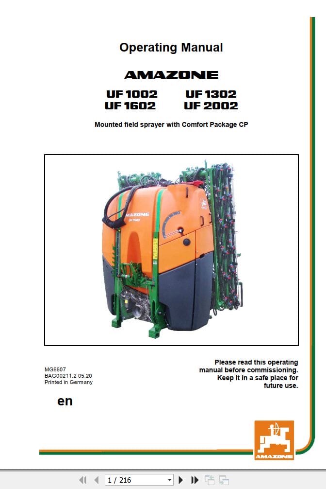 Amazone Sprayer UF1002 UF1602 UF1302 UF2002 Operating Manual MG6607 (1)