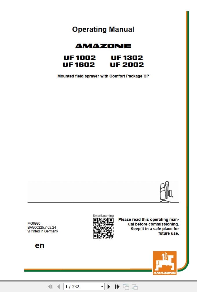Amazone Sprayer UF1002 UF1602 UF1302 UF2002 Operating Manual MG6980 (1)