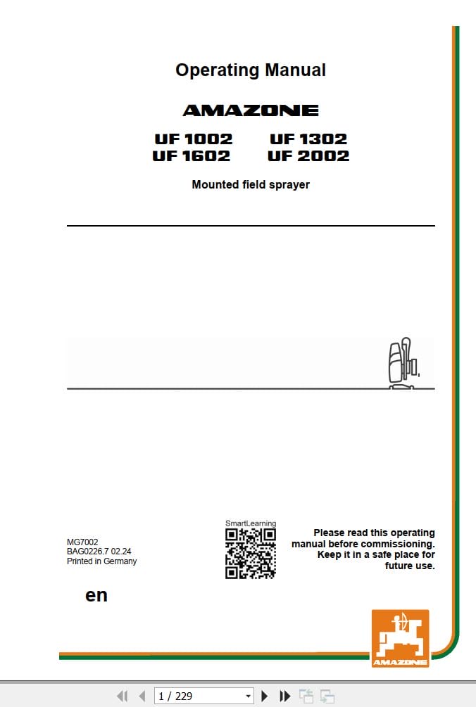 Amazone Sprayer UF1002 UF1602 UF1302 UF2002 Operating Manual MG7002 (1)