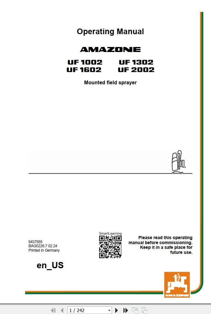 Amazone Sprayer UF1002 UF1602 UF1302 UF2002 Operating Manual MG7555 (1)