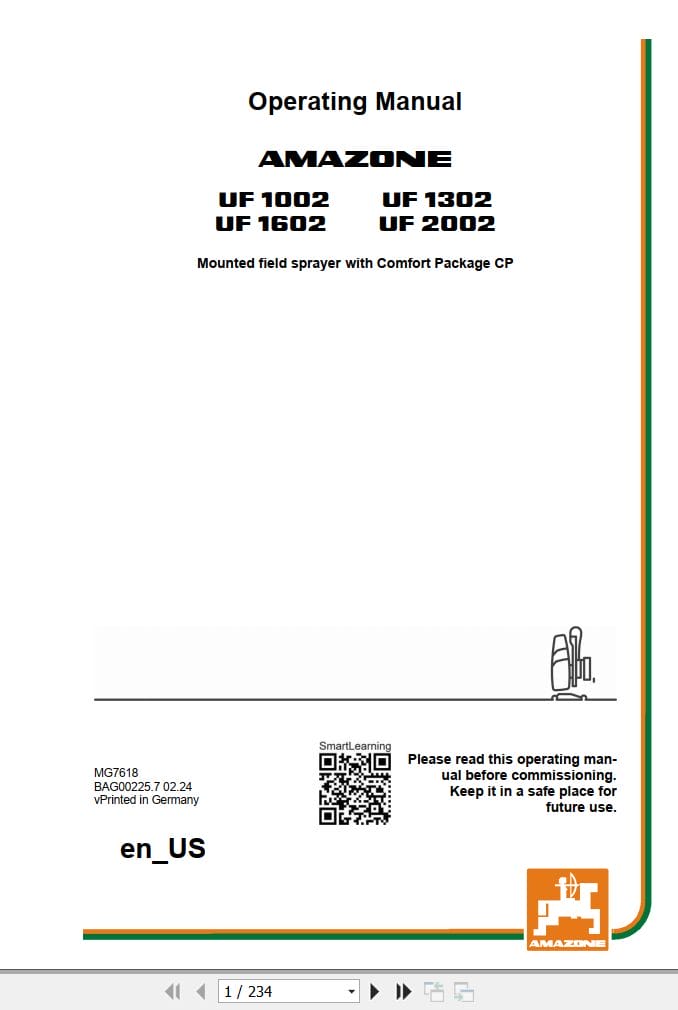 Amazone Sprayer UF1002 UF1602 UF1302 UF2002 Operating Manual MG7618 (1)