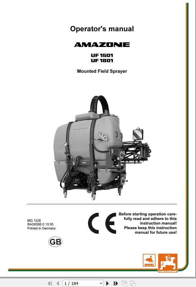 Amazone Sprayer UF1501 UF1801 Operating Manual MG1226 (1)