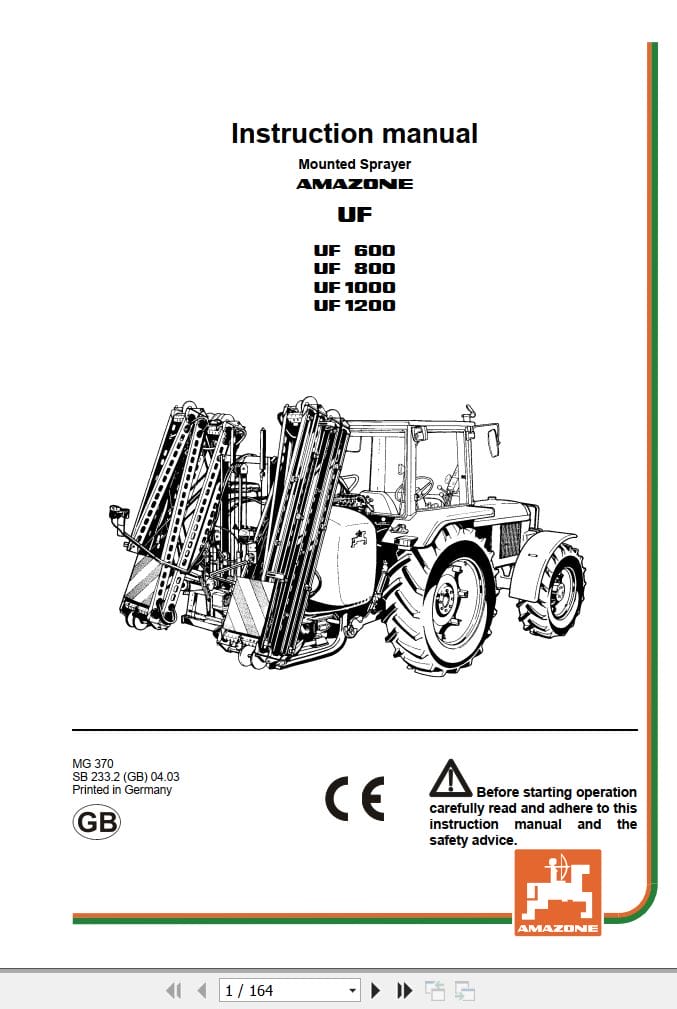 Amazone Sprayer UF600 UF800 UF1000 UF1200 Operating Manual MG370 (1)