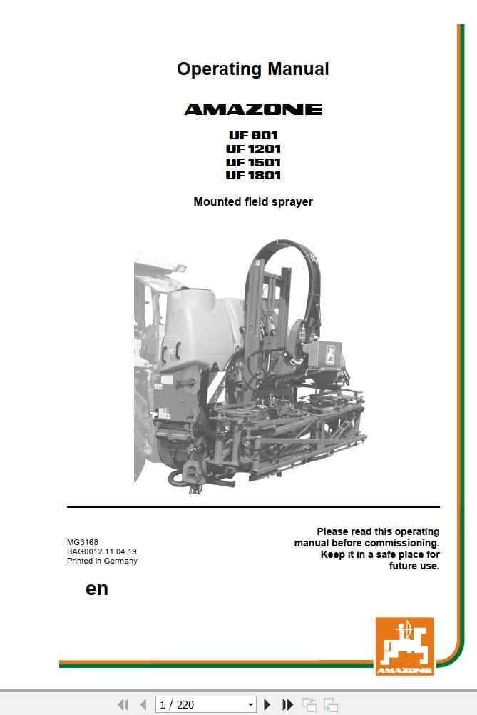 Amazone Sprayer UF901 UF1201 UF1501 UF1801 Operating Manual MG3168 (1)