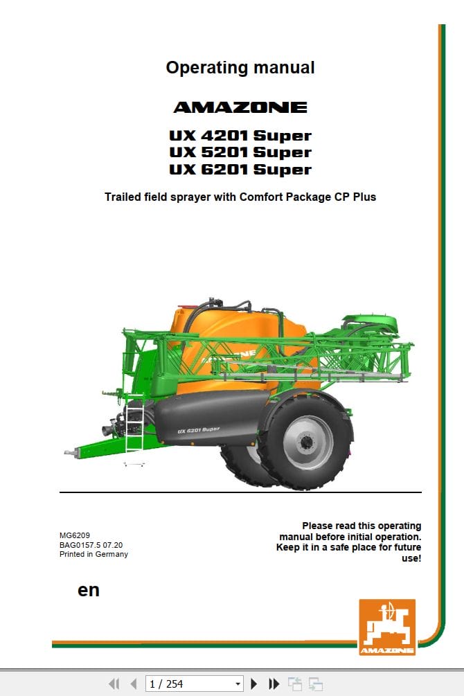 Amazone Sprayer UX 4201 Super to 6201 Super Operating Manual And Diagram MG6209 (1)