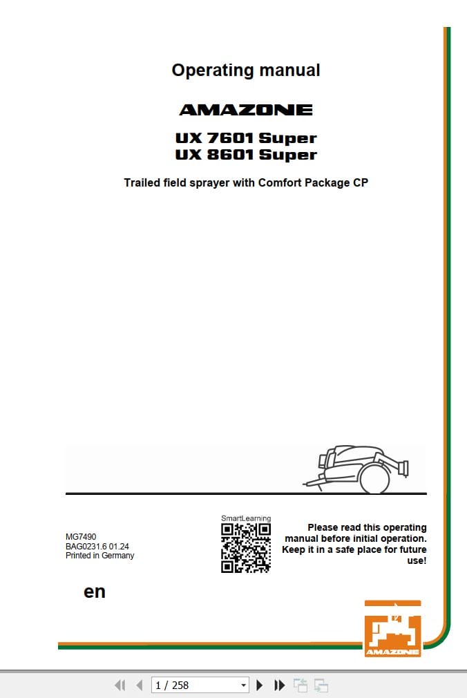Amazone Sprayer UX7601 Super UX8601 Super Operating Manual MG7490 (1)