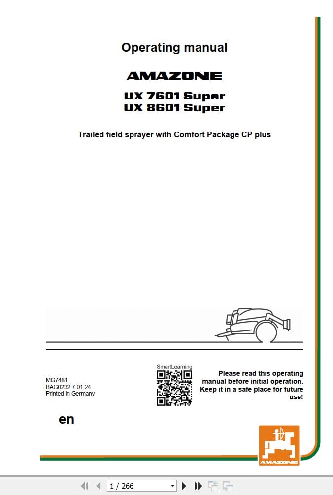 Amazone Sprayer UX7601 UX8601 Super Operating Manual MG7481 (1)