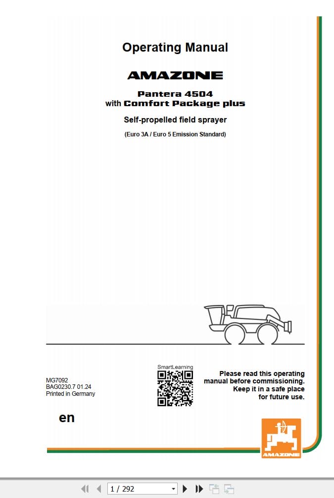 Amazone Sprayers Pantera 4504 Operating Manual MG7092 (1)