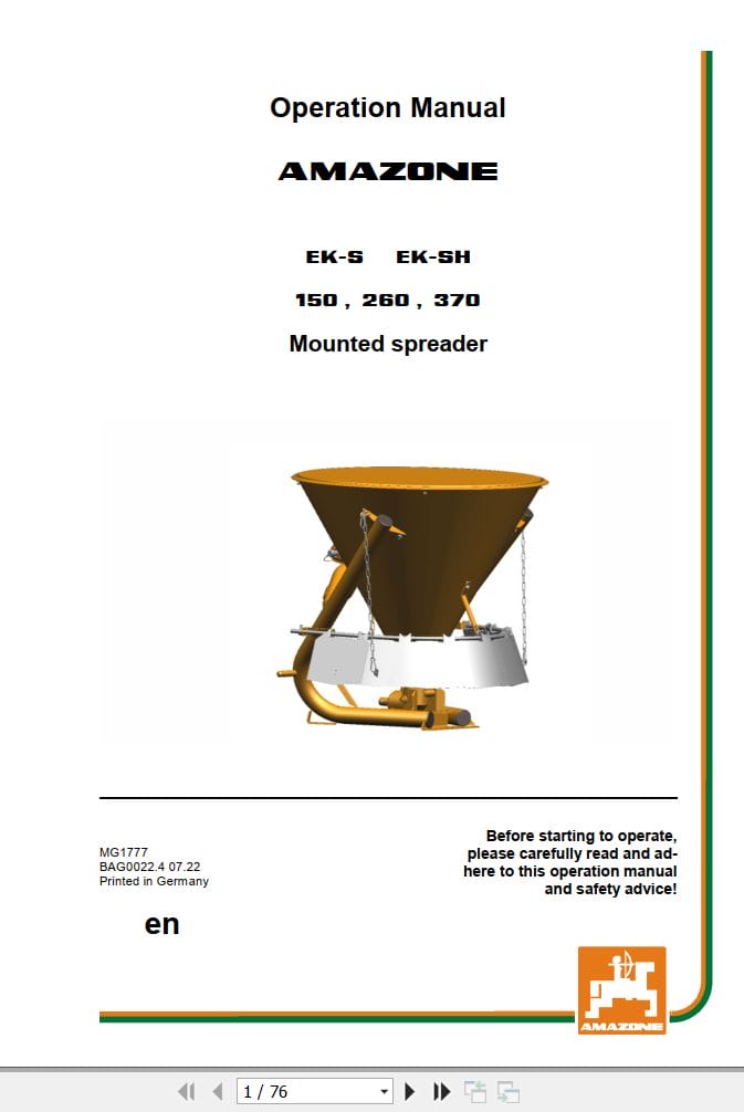 Amazone Spreader EK SH150 EK SH260 EK SH370 Operating Manual MG1777 (1)
