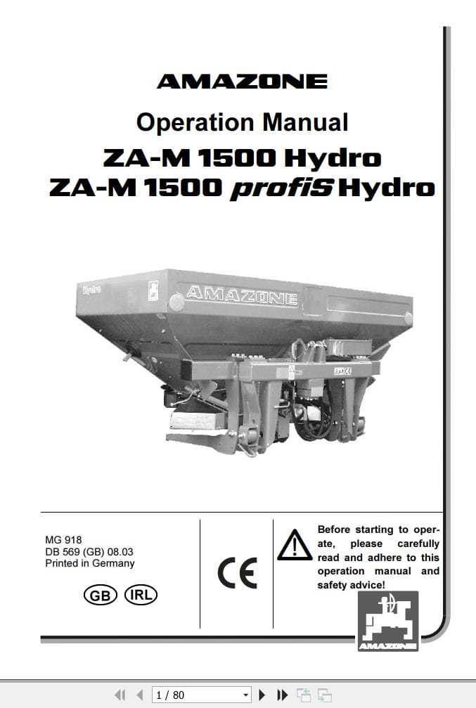 Amazone Spreader ZA M 1500 profiS Hydro Operating Manual MG918 (1)