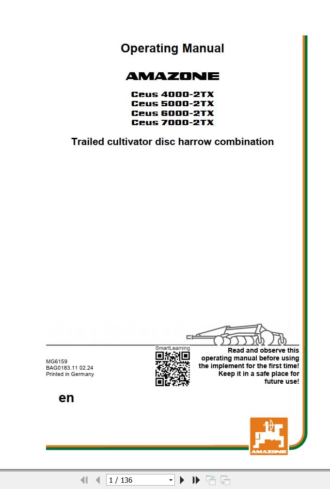 Amazone Trailed Cultivator Ceus 4000 T2X 5000 2TX 6000 2TX 7000 T2X Operating Manual MG6159 (1)