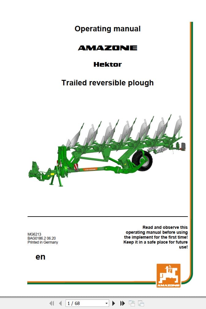 Amazone Trailed Reversible Plough Hektor Operating Manual MG6213 (1)