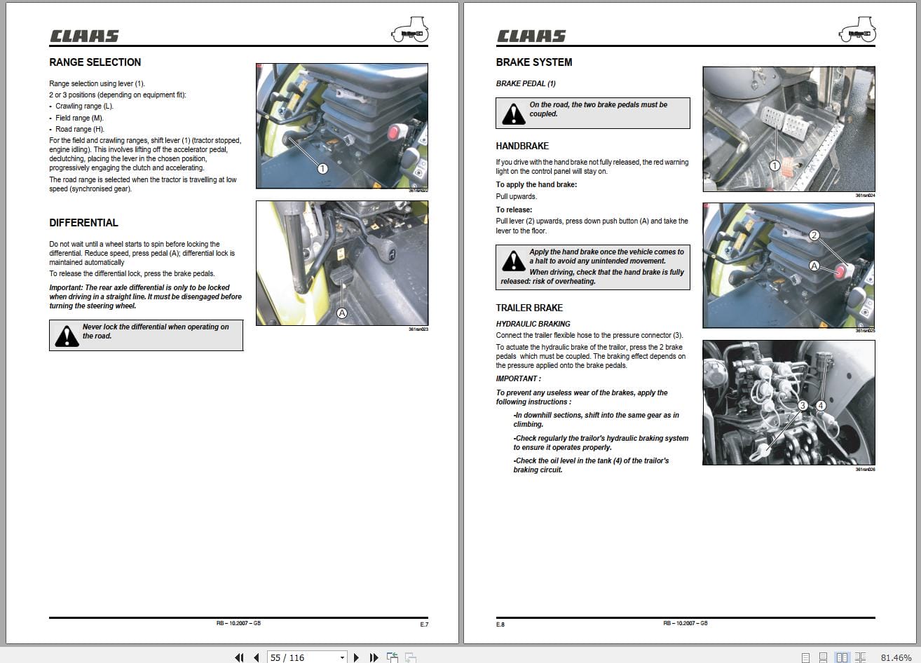 CLAAS Tractors RB130 RB140 RB160 Use and Maintenance Manual 00 11 169 080 (3)