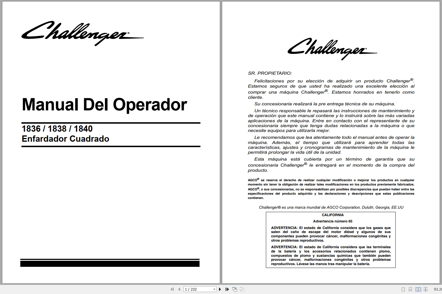 Challenger Square Baler 1836 1838 1840 Operators Manual 700742208B 2016 ES (1)