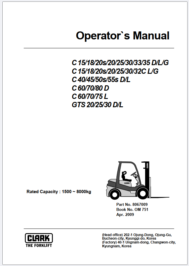 Clark Forklift C15 35D Operators Manual 8067009 (1)