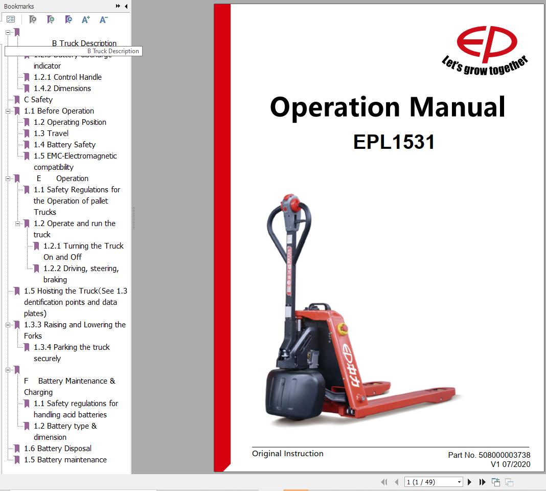 EP Pallet Truck EPL1531 Operation Manual 508000003738 (1)