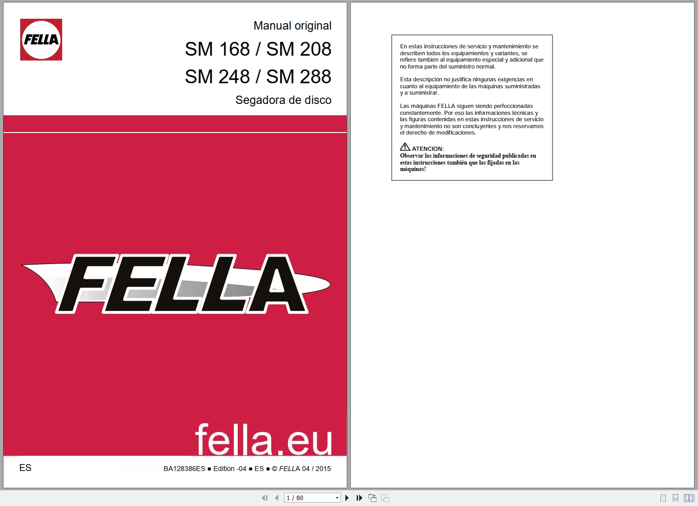 Fella Disc Mower SM168 SM208 SM248 SM 288 Original Manual BA128386ES 2015 ES (1)