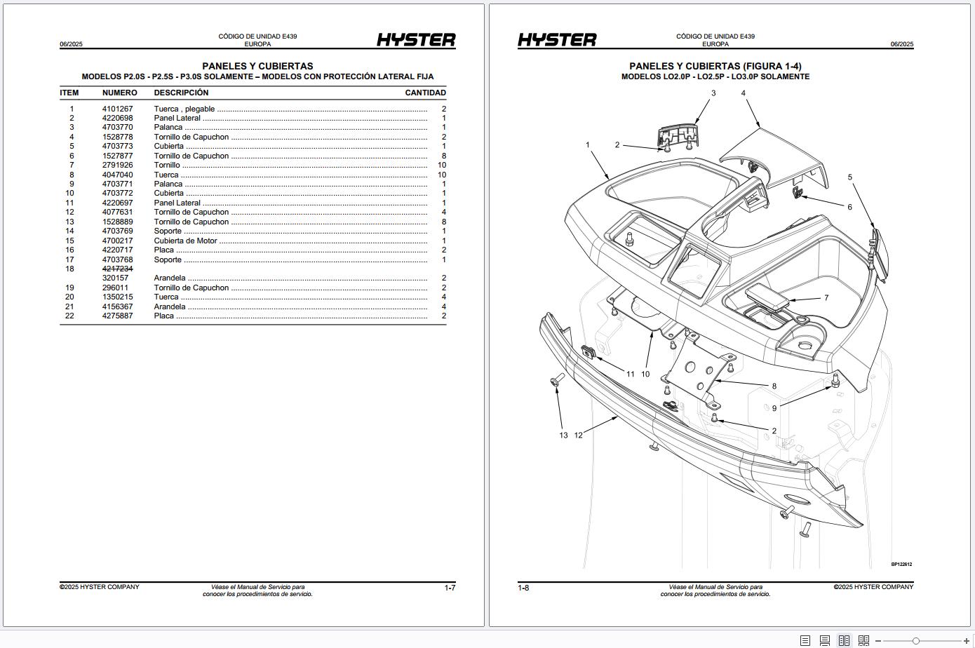 Hysster Forklift P2.0S P2.5S P3.0S LO2.0P LO2.5P LO3.0P E439 Parts Manual 4248625 2025 (2)