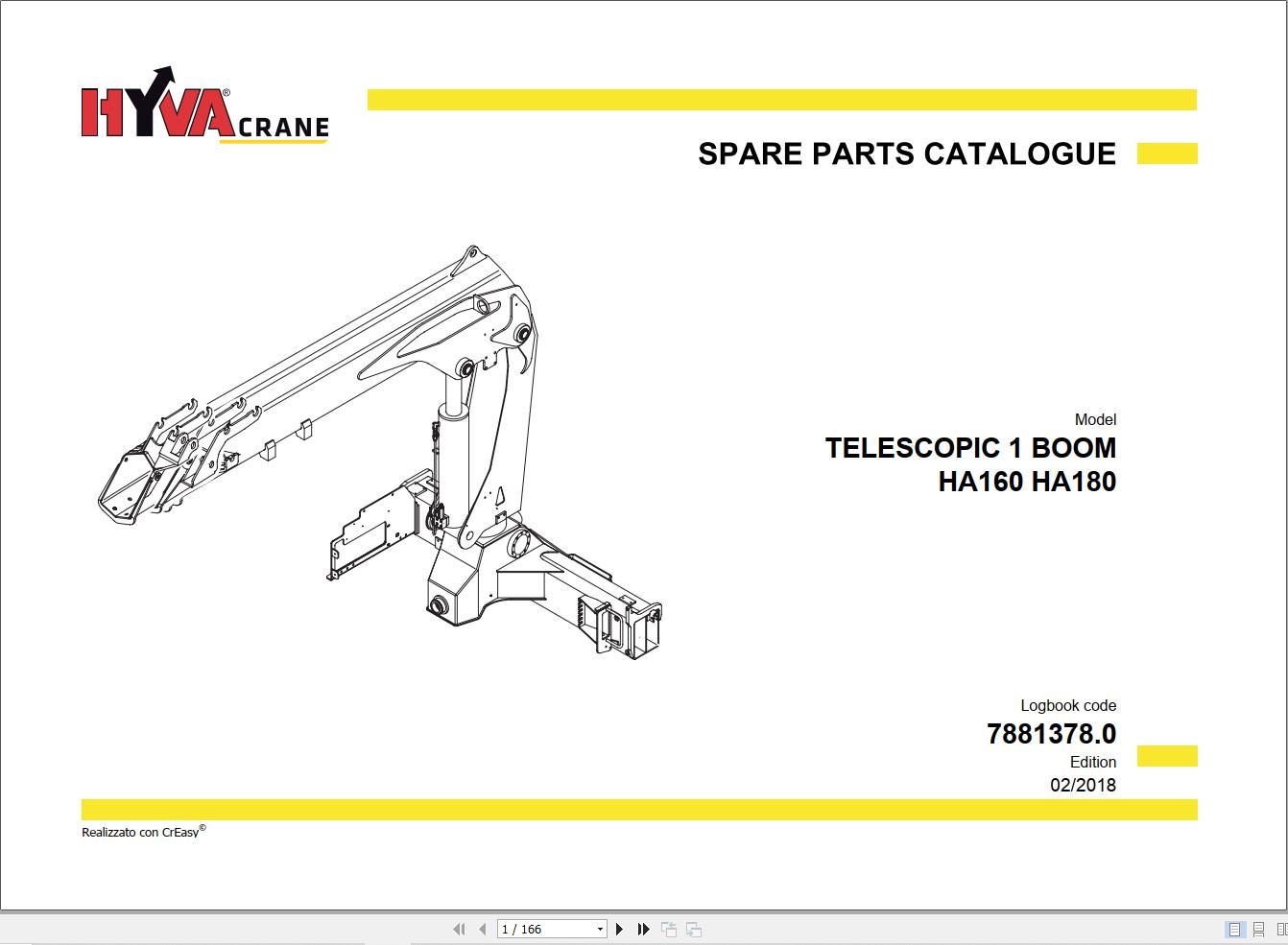 Hyva Telescopic 1 Boom HA160 HA180 Parts Catalog 7881378.0