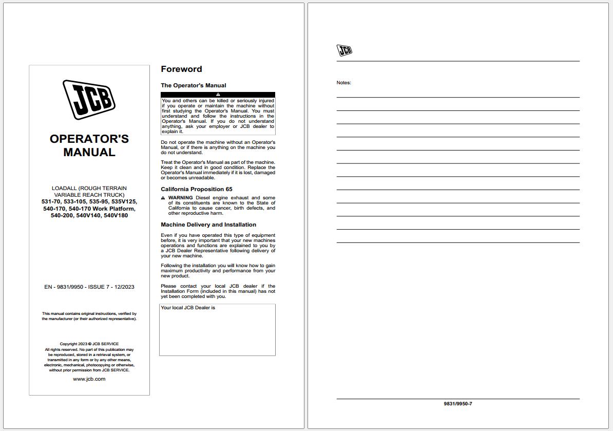 JCB Telehandler Loadall 535 95 Opearators Manual 9831 9950 (1)