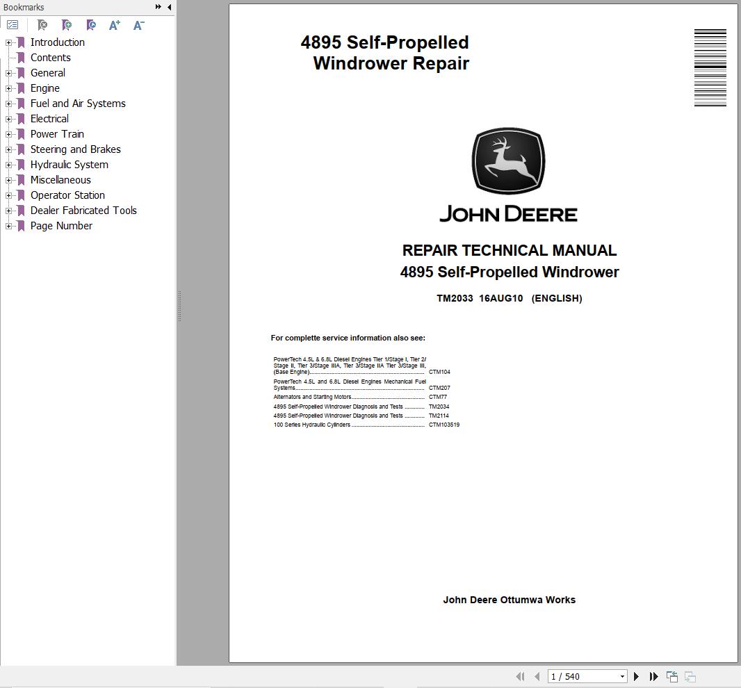 John Deere 4895 Self Propelled Windrower Service Repair Manual TM2033 (1)