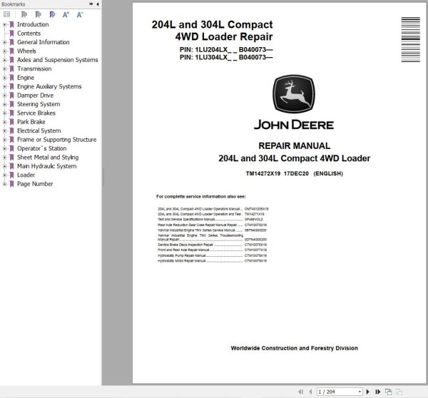 John Deere Compact 4WD Loader 204L & 304L Service Repair Manual TM14272X19 (1)