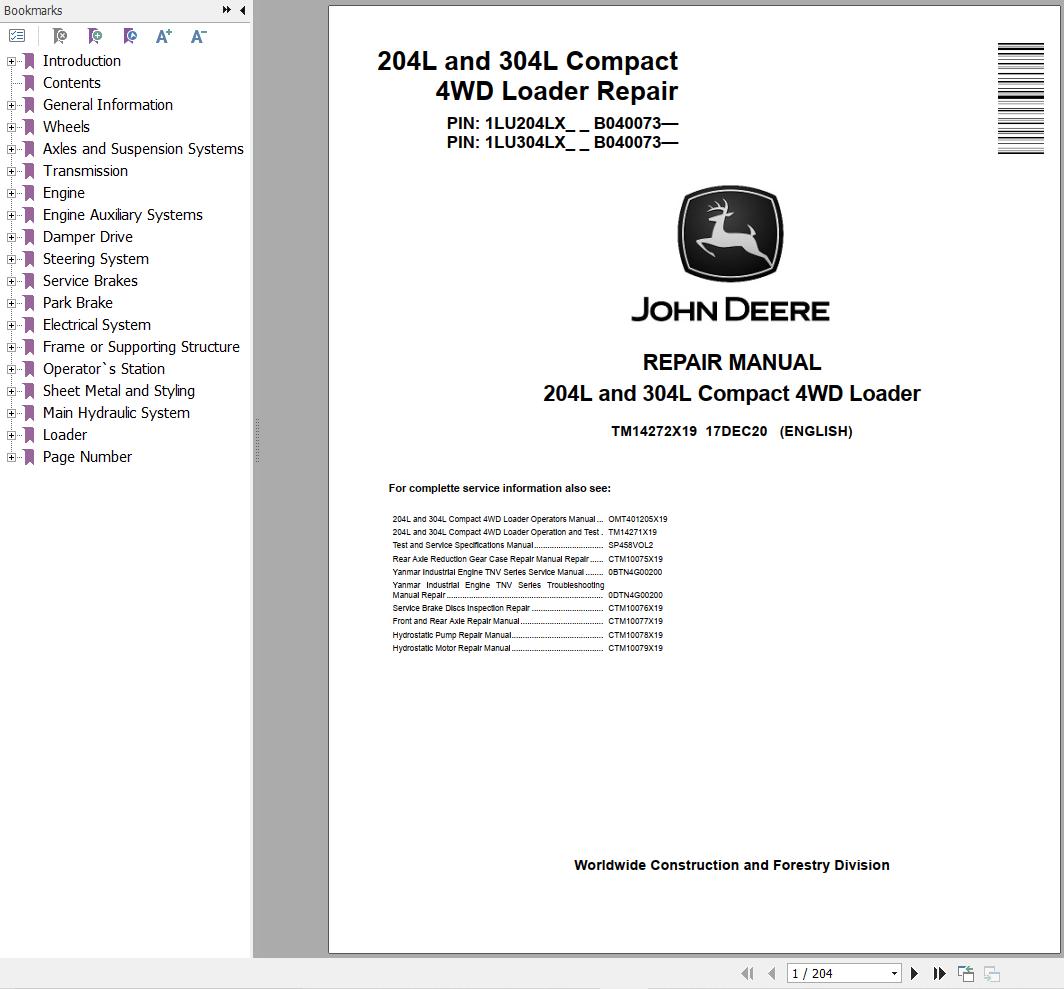 John Deere Compact 4WD Loader 204L & 304L Service Repair Manual TM14272X19 (1)