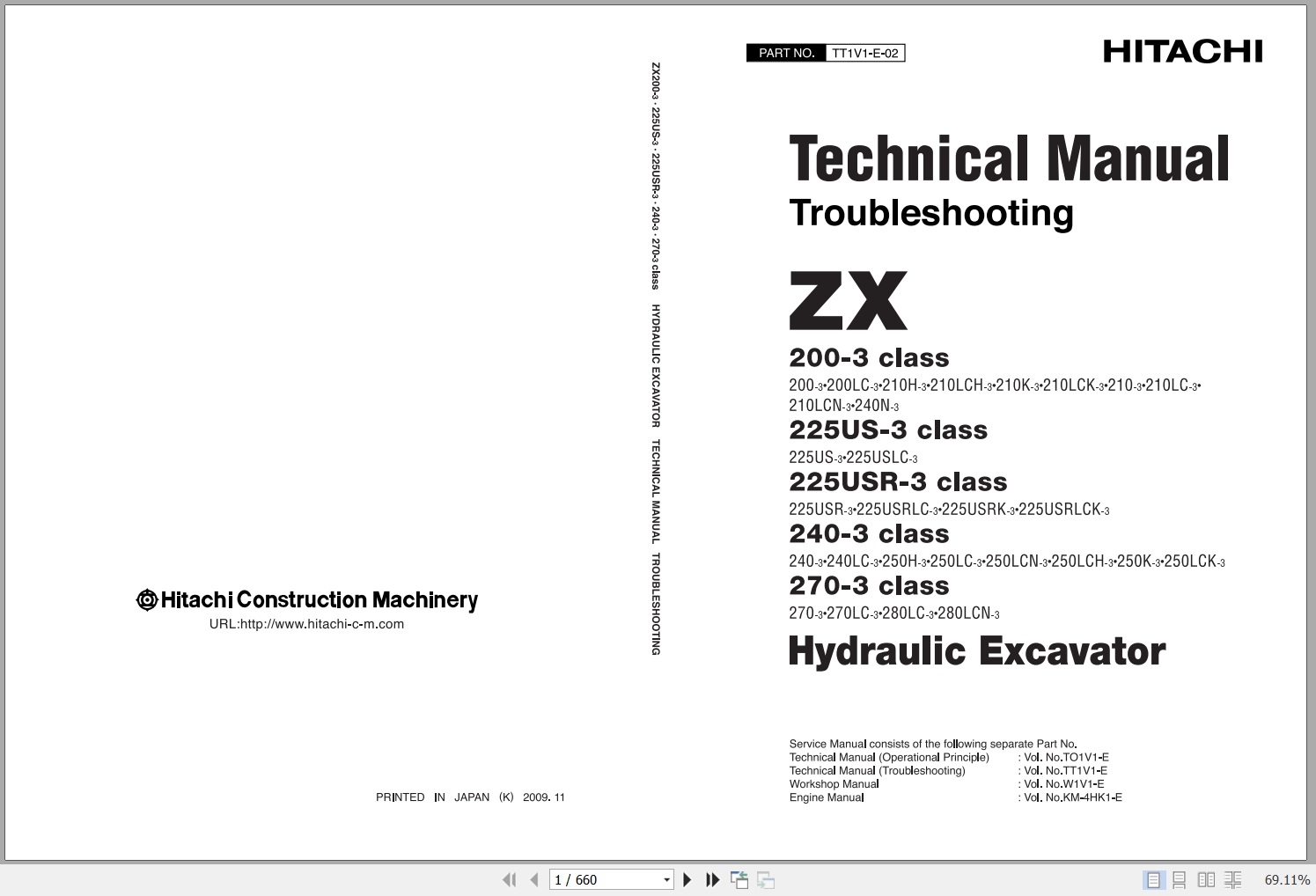John Deere Excavator 225D LC Hitachi ZX225USLC 3 Technical Parts Operators Manual (1)