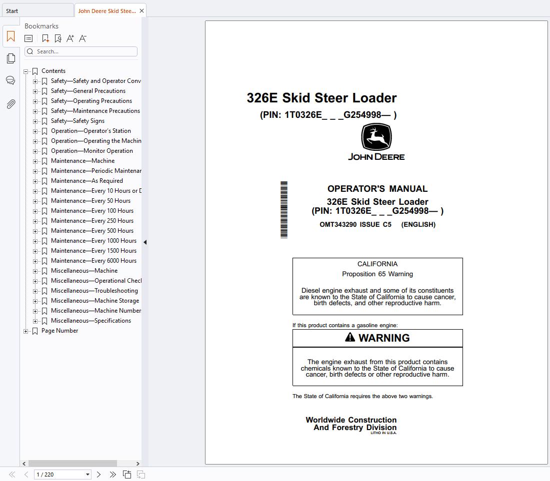 John Deere Skid Steer Loader 326E Operators Manual OMT343290 (1)