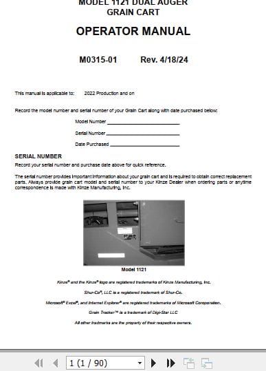 Kinze Dual Auger Grain Cart 1121 Operators Manual M0315 01 04.2024 (1)