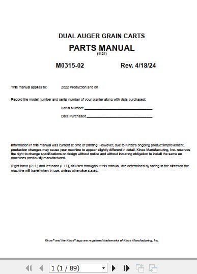 Kinze Dual Auger Grain Cart 1121 Parts Manual M0315 02 4.2024 (1)