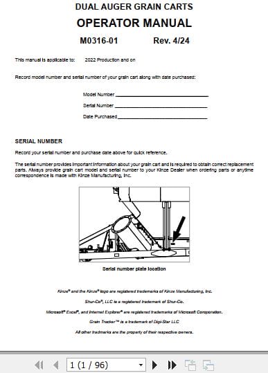 Kinze Dual Auger Grain Carts 1321 1421 1521 1721 Operators Manual M0316 01 04.2024 (1)